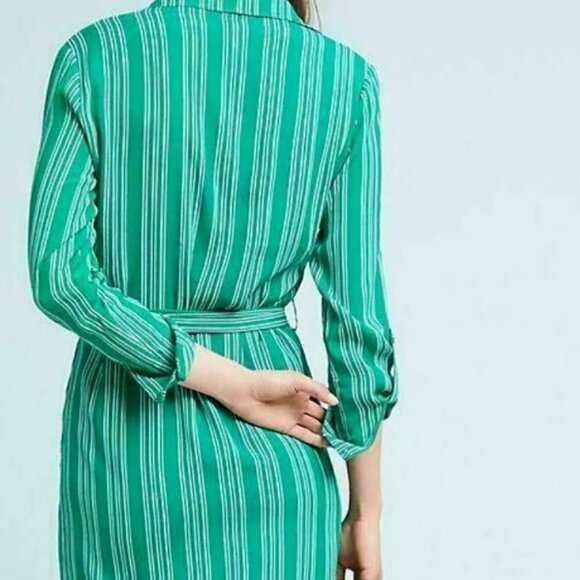 Anthropologie Belted Shirt Dress 0 Green Striped Long Sleeve Midi Lightweight - Picture 6 of 8